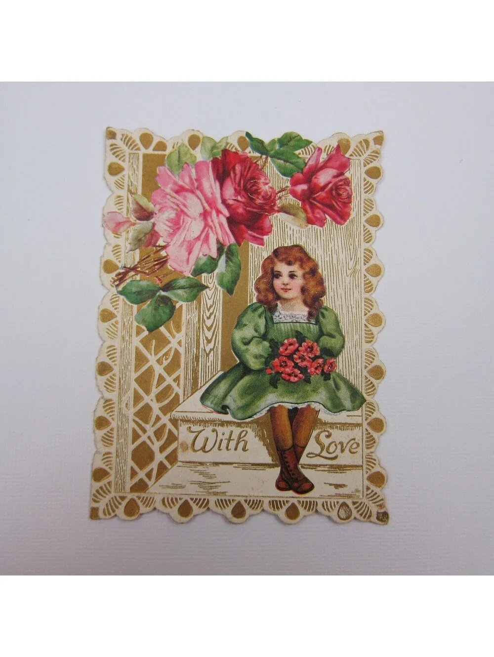 Valentine Card Girl Green Dress Holds Red Poppy Flowers Gold Pink Roses Antique